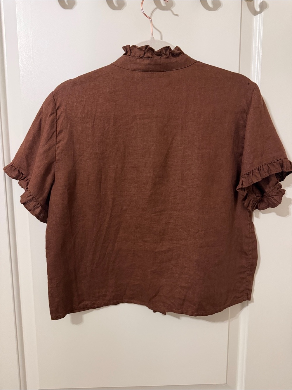 J. Crew Ruffle-trim button up shirt in roasted cocoa linen - Picture 3 of 3